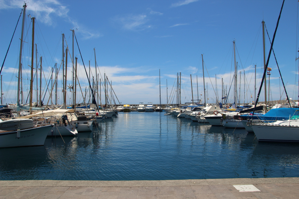 Dénia marina with boats and sailboats docked on a sunny day